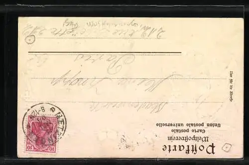 Präge-AK Metzingen / Württ., Teilansicht mit Kirche, Maiglöckchen mit Maikäfern, Passepartout