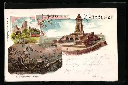 Lithographie Kyffhäuser, Kaiser Wilhelm-Denkmal, Barbarossa Höhle - Gerberei, Ruine