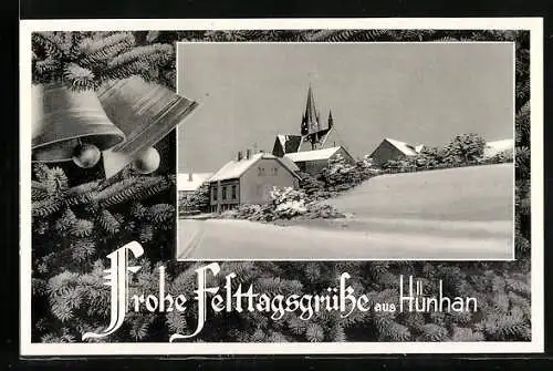 AK Hünhan, Ortsansicht im Winter, Tanne mit Glöckchen, Weihnachtsgruss