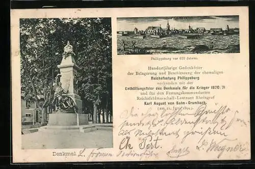 AK Philippsburg / Baden, Gedenkfeier / Enthüllung Denkmal für Krieger & Festungskommandant 1899, Historische Ortsansicht