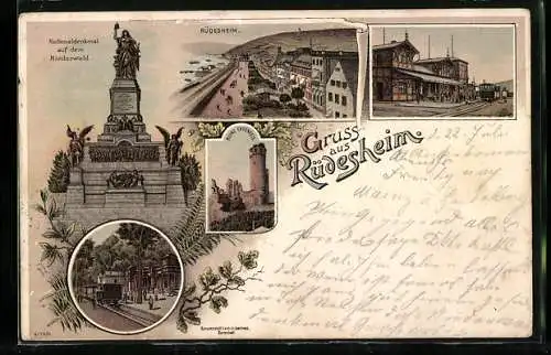 Lithographie Rüdesheim / Rhein, Ortspartie, Nationaldenkmal auf dem Niederwald, Ruine Ehrenfels