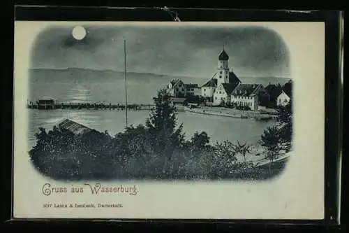 Mondschein-AK Wasserburg / Bodensee, Panorama mit Kirche