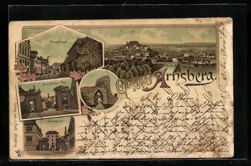 Lithographie Arnsberg / Westf., Schlossruine, Gymnasium, Hirschberger Tor