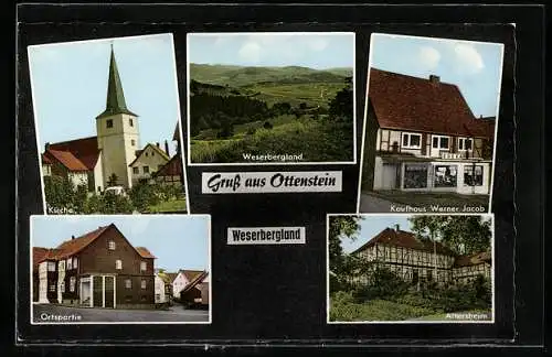 AK Ottenstein / Weser, Kaufhaus Werner Jacob, Altersheim, Kirche