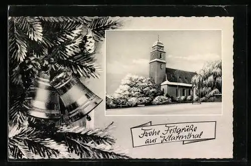 AK Klarenthal / Saarbrücken, Kirche im Schnee, Tanne mit Glocken, Festtagsgrüsse