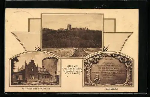 AK Borgholzhausen / Teutob. Wald, Ravensburg, Wartturm und Gedenktafel