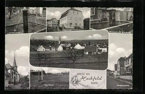 AK Heckfeld / Lauda, Pfarrhaus, Sportplatz, Kirche, Brunnen am Schulhaus, Gesamtansicht