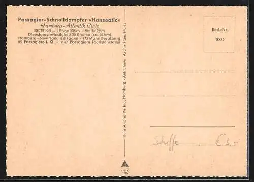 AK Passagier-Schnelldampfer Hanseatic, Hamburg-Amerika-Linie
