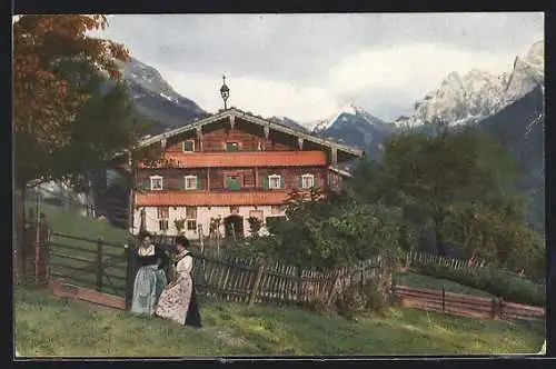 AK Mettingen / N., Frauen vor Haus und Bergpanorama