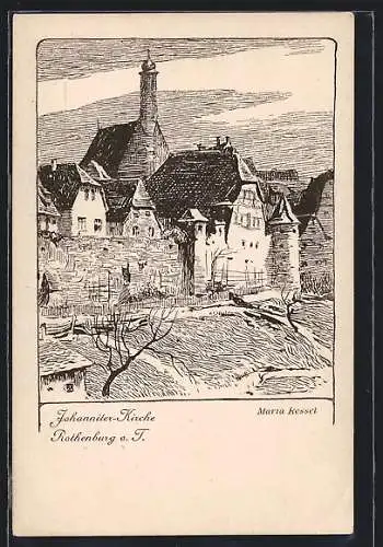 Künstler-AK Rothenburg / Tauber, Partie bei Johanniter-Kirche mit Dürerhaus