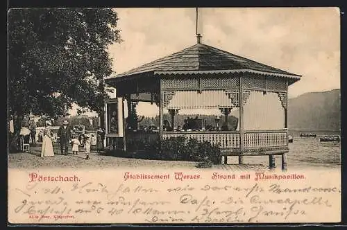 AK Pörtschach /Wörthersee, Gaststätte Etablissement Werzer, Strand mit Musikpavillon