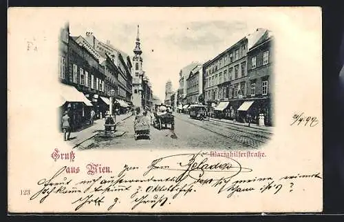 AK Wien, Pferdebahn und Geschäfte in der Mariahilferstrasse