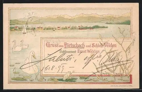 Lithographie Pörtschach /Wörthersee, Ortspartie mit Schloss Velden, Gaststätte Etablissement E. Wahliss, Schwäne, Frosch
