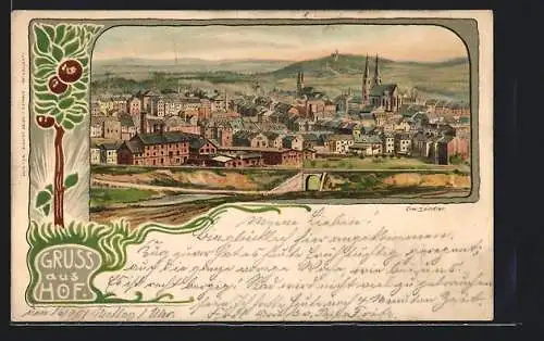 Lithographie Hof / Saale, Panoramablick auf die Stadt