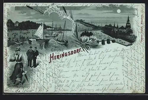 Mondschein-Lithographie Heringsdorf / Ostsee, Kolm, Kaiser Wilhelm-Brücke
