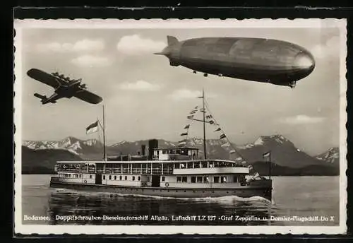 AK Bodensee, Doppelschrauben Dieselmotorschiff Allgäu, Luftschiff LZ127 Graf Zeppelin u. Dornier-Flugschiff Do X