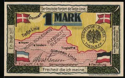 Notgeld Tingleff 1920, 1 Mark, Deutsche fordern die Tiedje-Linie