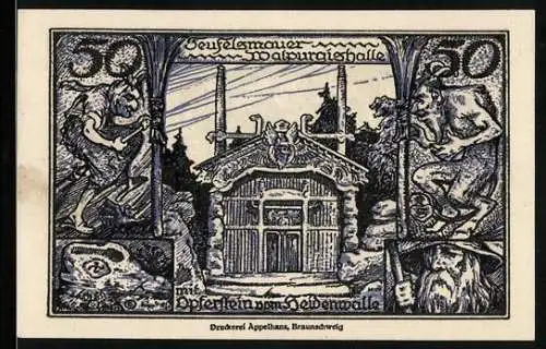Notgeld Thale /Harz 1921, 50 Pfennig, Teufelsmauer Walpurgishalle mit Opferstein vom Heidenwalle
