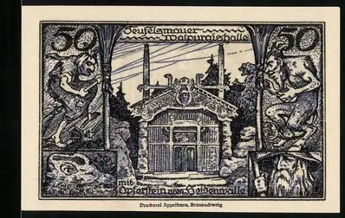 Notgeld Thale /Harz 1921, 50 Pfennig, Walpurgishalle mit Opferstein