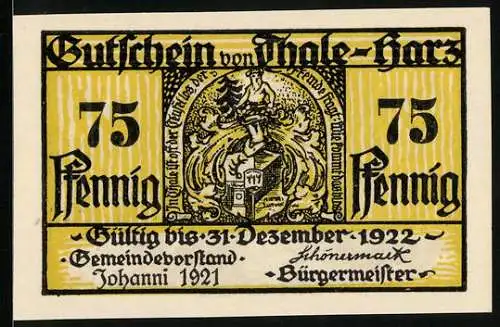 Notgeld Thale /Harz 1921, 75 Pfennig, Jägersmann erzeugt mit seinem Jagdhorn einen Sturmwind