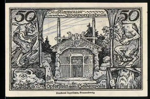 Notgeld Thale /Harz 1921, 50 Pfennig, Die Walpurgishalle mit Opferstein
