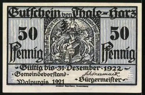 Notgeld Thale /Harz 1921, 50 Pfennig, Die Walpurgishalle mit Opferstein