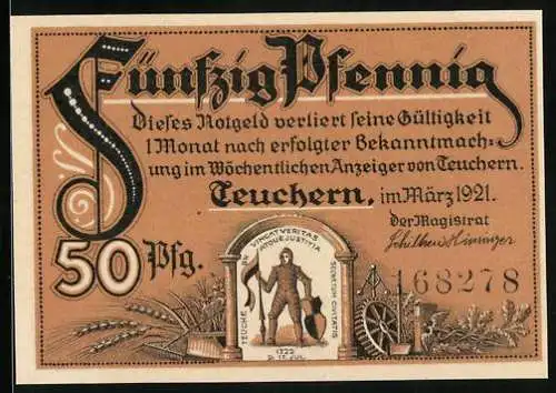 Notgeld Teuchern 1921, 50 Pfennig, Uhrglaswerk Deutscher Uhrmacher GmbH