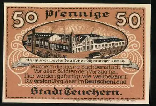 Notgeld Teuchern 1921, 50 Pfennig, Uhrglaswerk Deutscher Uhrmacher GmbH
