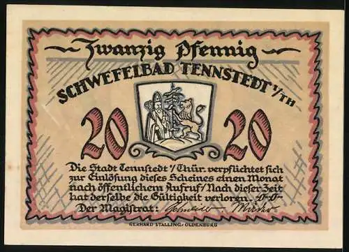 Notgeld Tennstedt i. Th., 20 Pfennig, Blick zur Kirche