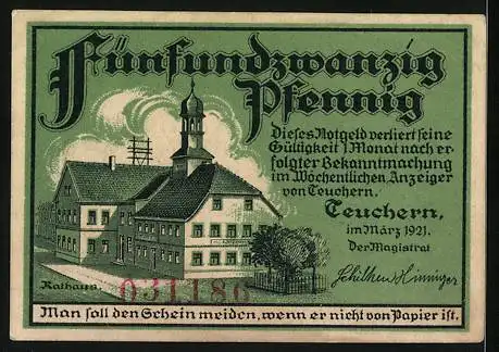 Notgeld Teuchern 1921, 25 Pfennig, Partie am Rathaus