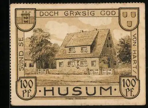Notgeld Husum 1921, 100 Pfennig, Partie am Bauernhaus, Rathaus