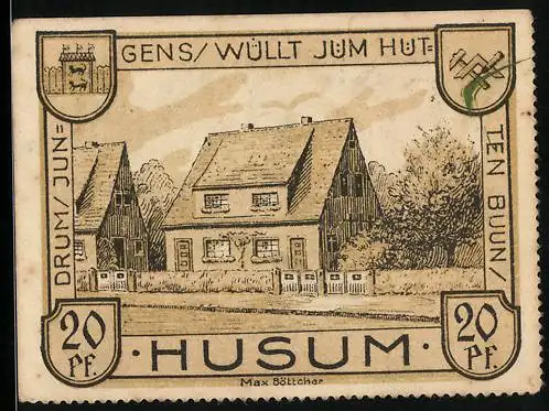Notgeld Husum 1921, 20 Pfennig, Bauernhaus, das Rathaus
