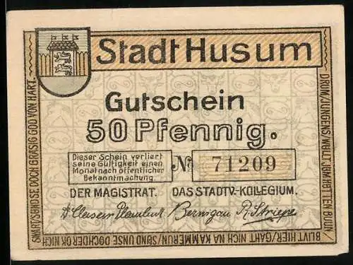Notgeld Husum 1921, 50 Pfennig, Ortspartie mit Häuserfassaden