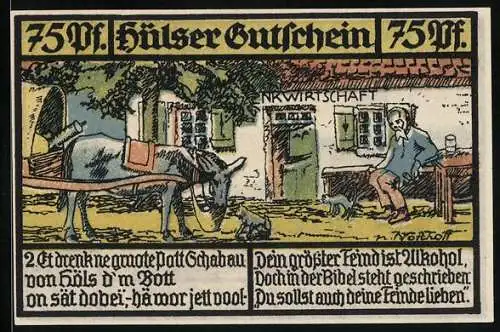 Notgeld Hüls bei Krefeld 1921, 75 Pfennig, Alter Mann vor der Schenkwirtschaft