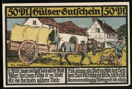 Notgeld Hüls bei Krefeld 1921, 50 Pfennig, Mann mit seinem vom Esel gezogenen Wagen