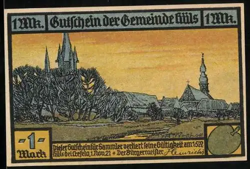 Notgeld Hüls bei Krefeld 1921, 1 Mark, Esel und Hund am Grab des Mannes