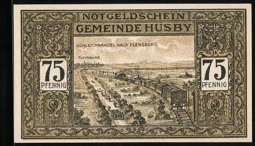 Notgeld Husby in Angeln, 75 Pfennig, Schleichhandel nach Flensburg, Schule