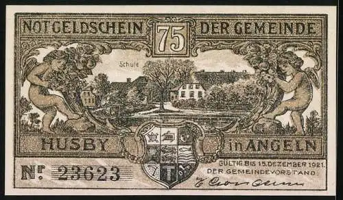 Notgeld Husby in Angeln, 75 Pfennig, Schleichhandel nach Flensburg, Schule
