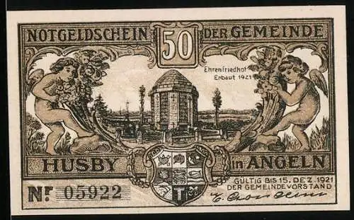 Notgeld Husby in Angeln, 50 Pfennig, Verstorbener Soldat, Ehrenfriedhof