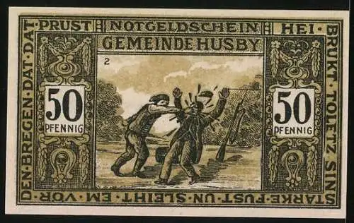 Notgeld Husby in Angeln, 50 Pfennig, Mann schlägt einen Soldaten nieder, Gerichtstag