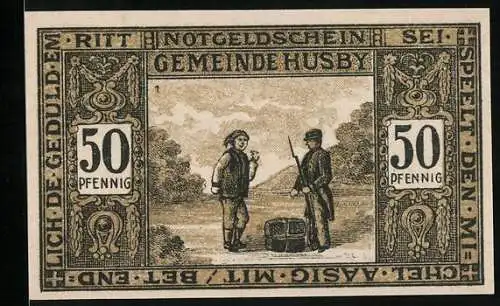 Notgeld Husby in Angeln, 50 Pfennig, Mann trifft einen Soldaten
