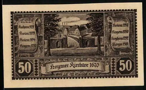 Notgeld Hoym i. Anhalt 1921, 50 Pfennig, Ortsansicht um 1700, Das Hoymer Kirchtor 1670