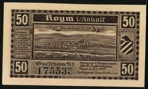 Notgeld Hoym i. Anhalt 1921, 50 Pfennig, Ortsansicht um 1700, Das Hoymer Kirchtor 1670