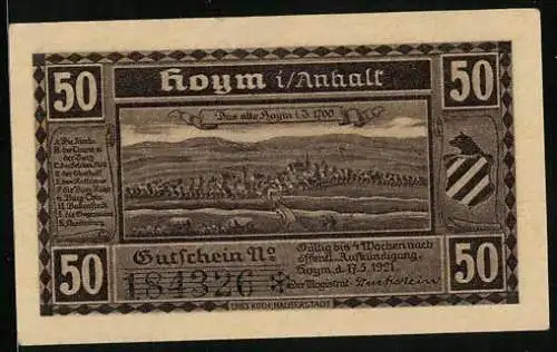 Notgeld Hoym i. Anhalt 1921, 50 Pfennig, Ortsansicht um 1700, Schlossportal