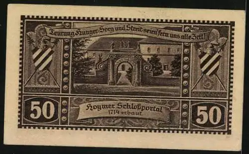 Notgeld Hoym i. Anhalt 1921, 50 Pfennig, Ortsansicht um 1700, Schlossportal