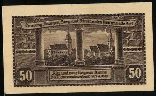 Notgeld Hoym i. Anhalt 1921, 50 Pfennig, Ortsansicht um 1700, alte und neue Hoymer Kirche