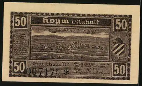 Notgeld Hoym i. Anhalt 1921, 50 Pfennig, Ortsansicht um 1700, alte und neue Hoymer Kirche