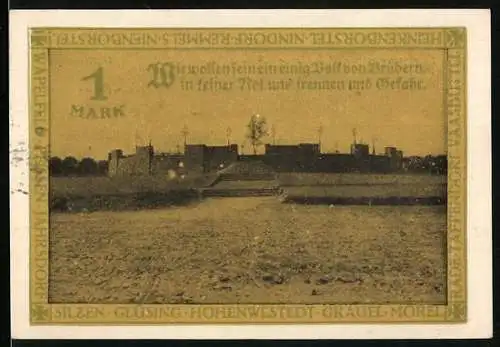 Notgeld Hohenwestedt 1921, 1 Mark, Blick zum Ehrenmal