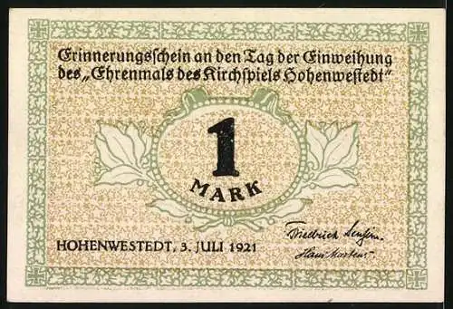 Notgeld Hohenwestedt 1921, 1 Mark, Blick zum Ehrenmal