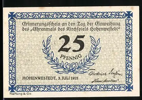 Notgeld Hohenwestedt 1921, 25 Pfennig, Bauarbeiter mit ihrem Werkzeug